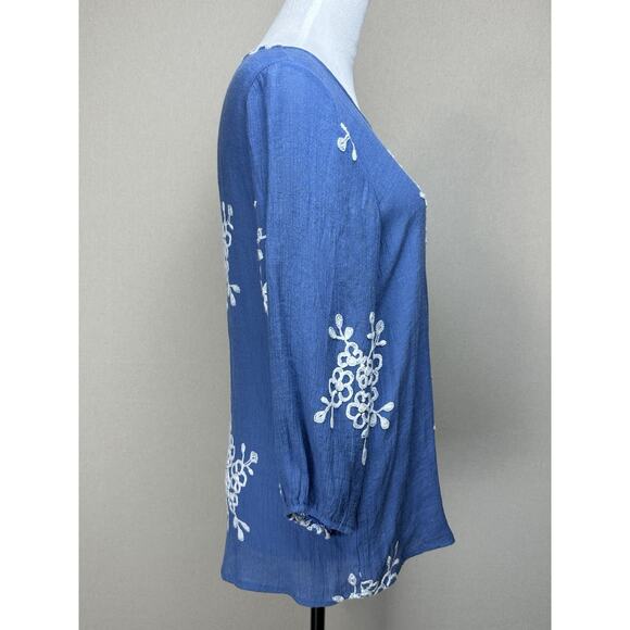 ANNELIEGE Gauze Top L (fits as M) Scoop Neck 3/4 Slvs. Embroidery Boho - Picture 3 of 11
